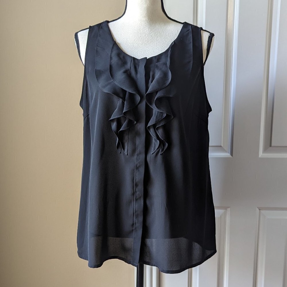 Kenneth Cole Reaction Large black sheer sleeveless button up top with ruffles